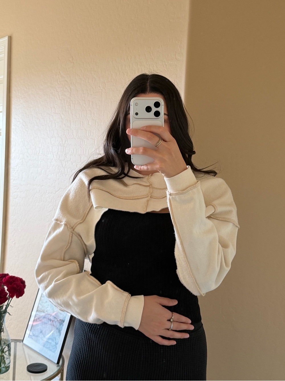 Urban Outfitters Cream Cropped Hoodie Sweater Pullover